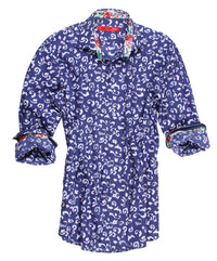 What a "keeper"!! A clean & crisp pattern in 100% cotton for the warm days coming up. The navy and white print is enhanced by a touch of blue, red and green inside the collar and cuffs. While wearing your shirt with the Georg Roth roll of the cuffs, you will appreciate the detail of the blue & white trim on the cuff edges. 
100% Cotton