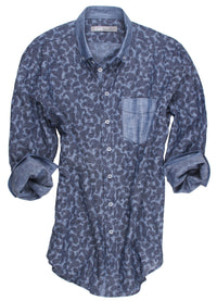 For that contemporary look check out this Chambray with blue paisley print. 

The pocket, collar and cuffs are the solid Chambray and it is a slightly trimmer fit for that perfect "hip" look
smaller button down collar.
 
55% Linen/45%Cotton

