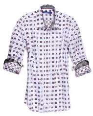 Indulge yourself in this handsome Georg Roth original design. 
Beautifully fashioned in a fine imported European 100% cotton it is an outstanding style for any wardrobe. 
A small pattern of Black and Red on a White ground, it is enhanced with a Black companion fabric on the collar stand and cuffs when worn rolled up. 

For fashion, style and fun you will thoroughly enjoy this very beautiful shirt.

100% Cotton Men's Casual Shirt