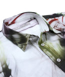 Our wonderful, asymmetric print!  
An explosion of colors bursting out of a white ground .....tones of olive, wine, purple and charcoal in short sleeves.
These colors are gorgeous together. 
The perfect Georg Roth style and fit, and as always paying attention to detail makes this the stunning hit that it is.
100% Cotton.
Short Sleeves Men's Shirt