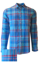 Linen and Pima Cotton blend woven plaid for dress or casual!   
Shades of blues and turquoise with a pop of red will go with everything - under a jacket or easy with the Georg Roth roll of the sleeves. 
Machine wash cold hang to dry or dry clean 