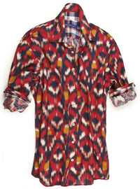 This shirt positively screams summer is here - so don't miss out on our beautiful Santa Fe shirt. The red fantasy print is contrasted with a multicolor plaid inside the collar, cuffs and inside saddle. Details include an extended cuff. All seams are done to perfection with stitching in red. 100% Cotton