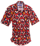 This shirt positively screams summer is here - so don't miss out on our Como short sleeve shirt by Designer Georg Roth. The red fantasy print is contrasted with a multicolor plaid inside the collar and inside saddle. Details include one breast pocket on left side. All seams are done to perfection with stitching in red. 100% Cotton 