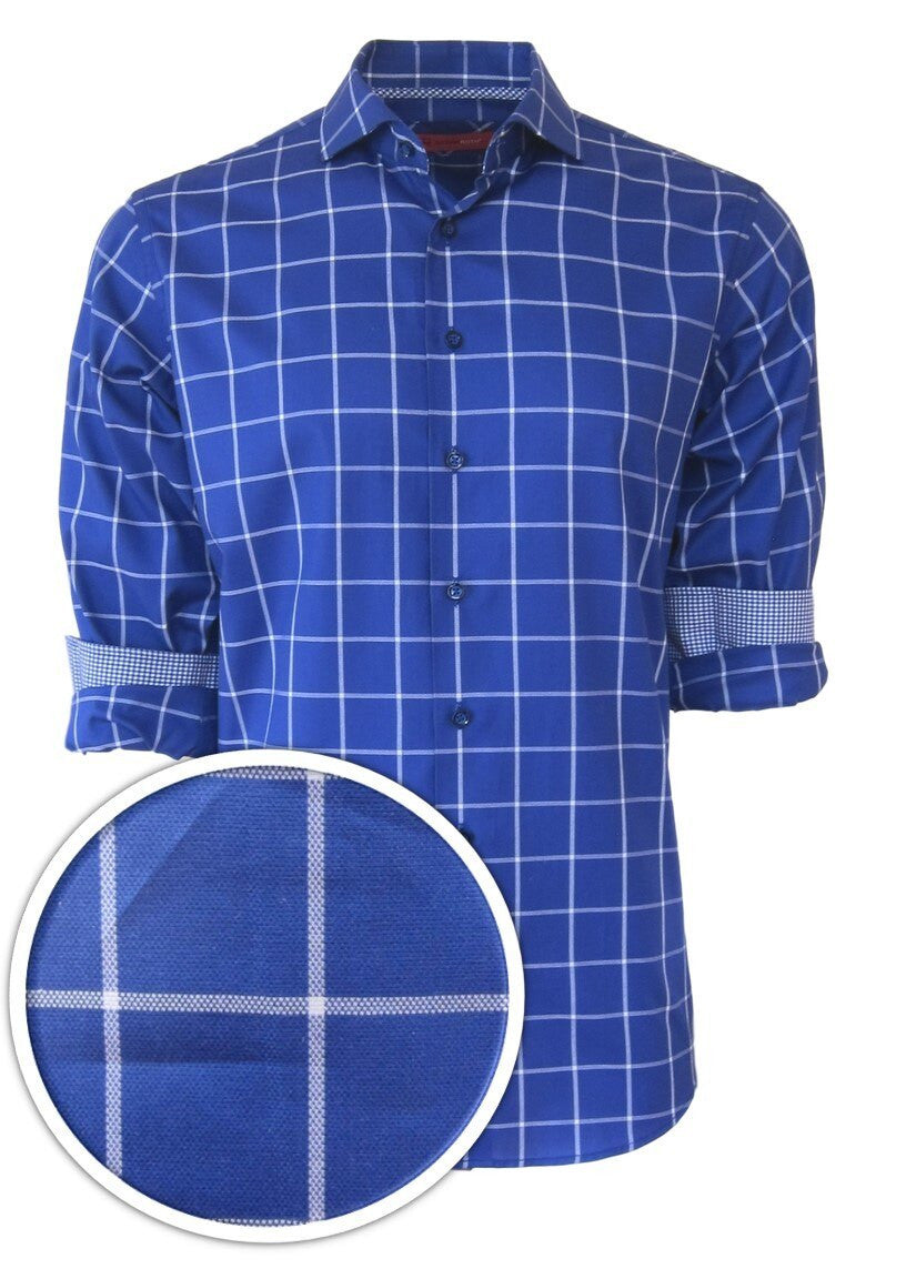 Classic with a twist best describes this handsome windowpane check in a vibrant cobalt blue. Detailed with a coordinating mini check inside the cuffs and inner collar stand piping.  The fabrication is rich and soft 100% pima cotton. Slight spread collar looks great under a jacket for business or on its own and roll the sleeves and go!
Machine wash, hang or lay flat to dry. Irons like a dream! 
Dry clean okay! 