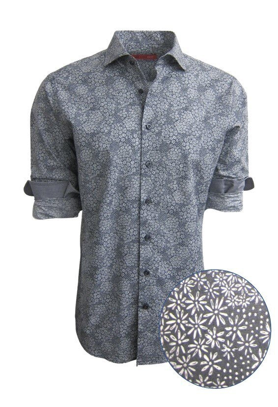 Tissue soft Pima in a rich charcoal and white floral print.  Cuffs and inner placket are trimmed with a mini black and white check making this a fantastic look with denim for dress with a jacket or on its own with the Georg Roth roll of the sleeves.
100% Pima Cotton