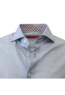 This blue tonal woven all over pattern is striking and sophisticated with a fun mix of pattern play inside the collar and cuffs. 
A luxury timeless that you will enjoy daytime or going out!
100% Cotton 
Machine wash or dry clean