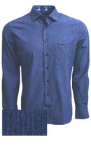 Super soft Pima Cotton in a rich denim  blue with a mini tone on tone pattern. For business, casual or dress this shirt is so versatile, if rolling the sleeves or under a jacket, you will enjoy the many compliments! Detailed with a cool pattern in blues and grays inside the collar stand and cuffs along with a very small piping inside the front placket. 
Soft Collar with hidden button down detail for the perfect shape
100% Cotton
1 Breast pocket
Machine wash cold hang to dry or dry clean 