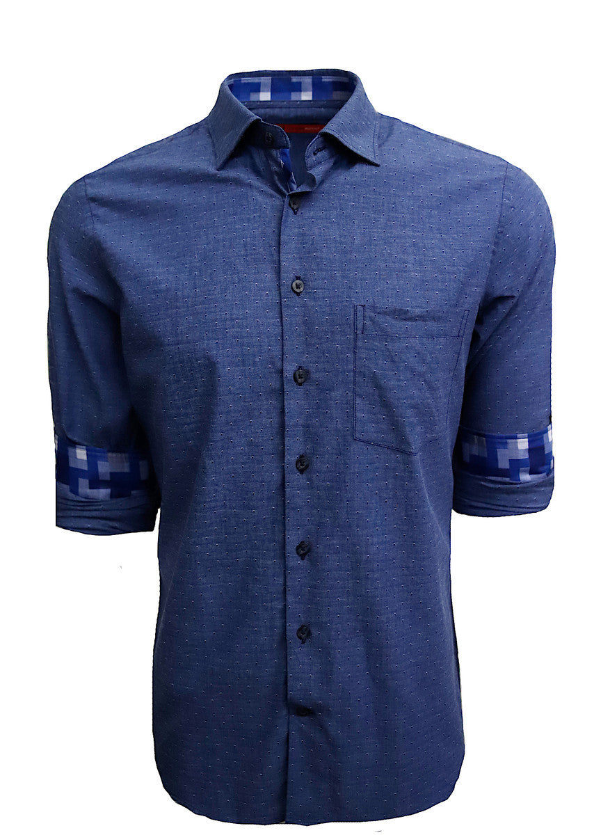 Super soft Pima Cotton in a rich denim  blue with a mini tone on tone pattern. For business, casual or dress this shirt is so versatile, if rolling the sleeves or under a jacket, you will enjoy the many compliments! Detailed with a cool pattern in blues and grays inside the collar stand and cuffs along with a very small piping inside the front placket. 
Soft Collar with hidden button down detail for the perfect shape
100% Cotton
1 Breast pocket
Machine wash cold hang to dry or dry clean 