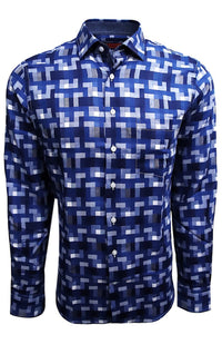 A very special and unique fabric woven in blues and grays make this shirt a Georg Roth signature classic print. Detailed to perfection with a coordinating blue tone on tone pattern in the collar stand, cuffs and inner front placket. The collar sits perfect with the hidden button down. Business or casual you will enjoy this ever so sophisticated shirt paired with denim, grays or khakis. 
100% Pima Woven Cotton
1 Breast pocket
Machine wash cold hang to dry or dry clean 