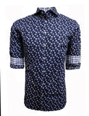 Known for our prints, this exclusive eye catching print is curated on our soft pima cotton. A stunning shade of indigo blue with white pattern is coordinated with a rich white, navy & grey plaid inside the collar stand and cuffs. Looks terrific with the sleeves down or with the Georg Roth roll showing the handsome cuff detail.
100% Cotton
Machine wash cold hang to dry or dry clean 