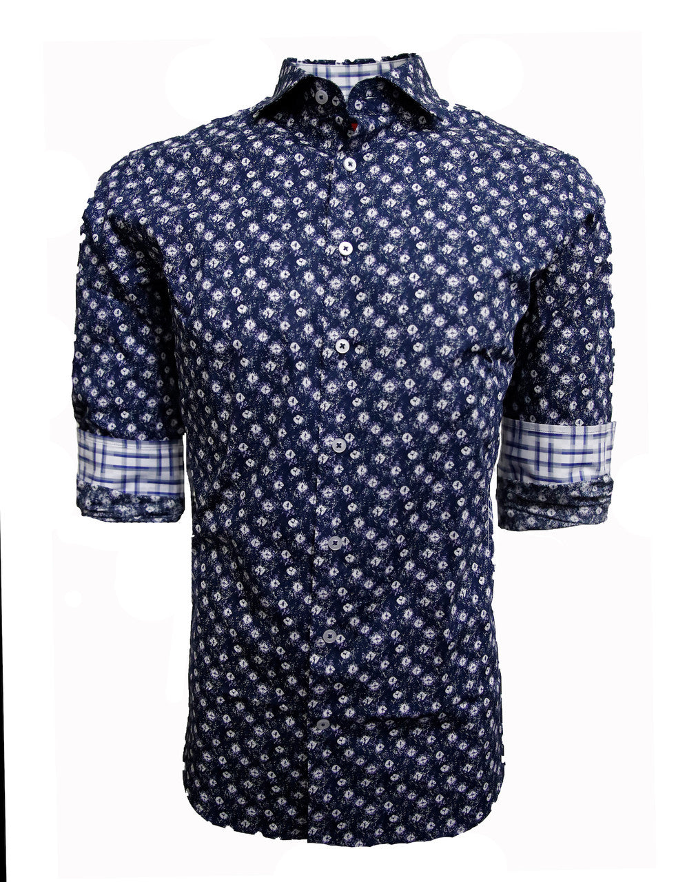 Known for our prints, this exclusive eye catching print is curated on our soft pima cotton. A stunning shade of indigo blue with white pattern is coordinated with a rich white, navy & grey plaid inside the collar stand and cuffs. Looks terrific with the sleeves down or with the Georg Roth roll showing the handsome cuff detail.
100% Cotton
Machine wash cold hang to dry or dry clean 