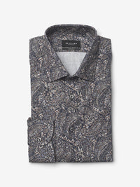 Rich and sophisticated paisley in Greys, black and taupe make this truly an elevated casual to dress wardrobe staple. 
With denim or dress pant and a blazer you will enjoy stylish and comfort.